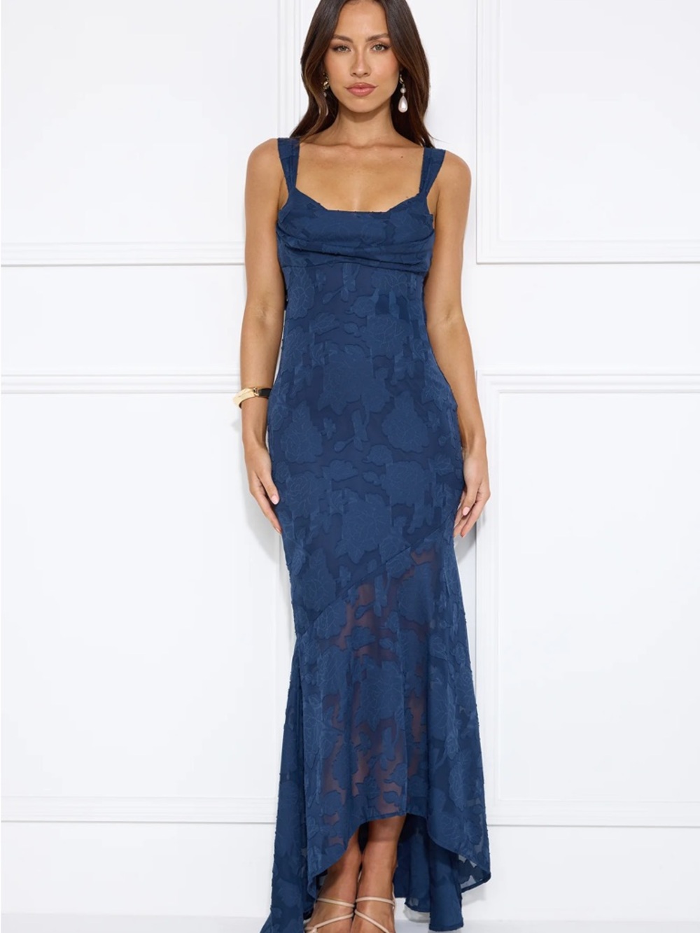 NWT Hello Molly Navy Blue Empire Maxi Dress with Pink Tag Size 8